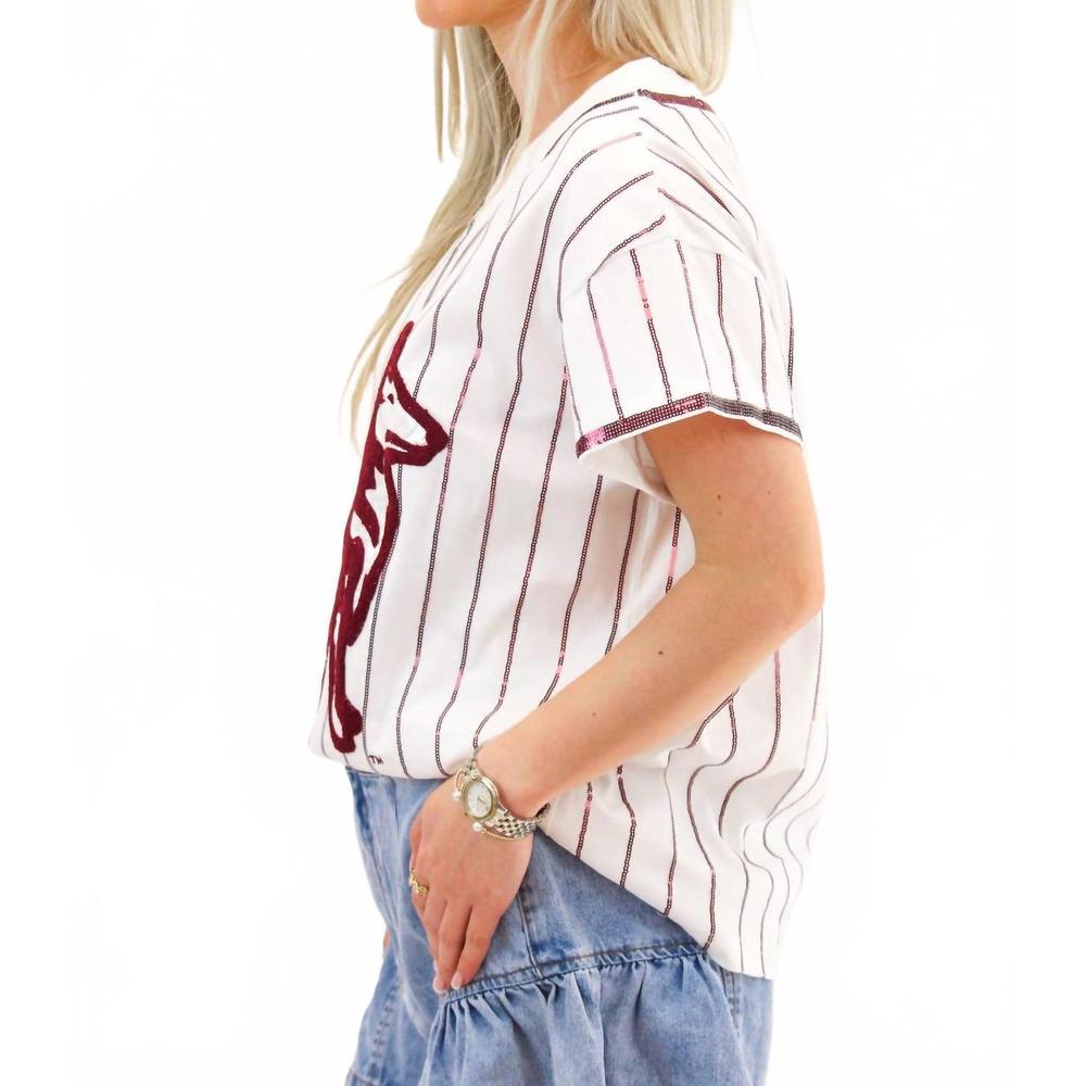QUEEN OF SPARKLES White and Maroon Striped Tee - Picture 3 of 3